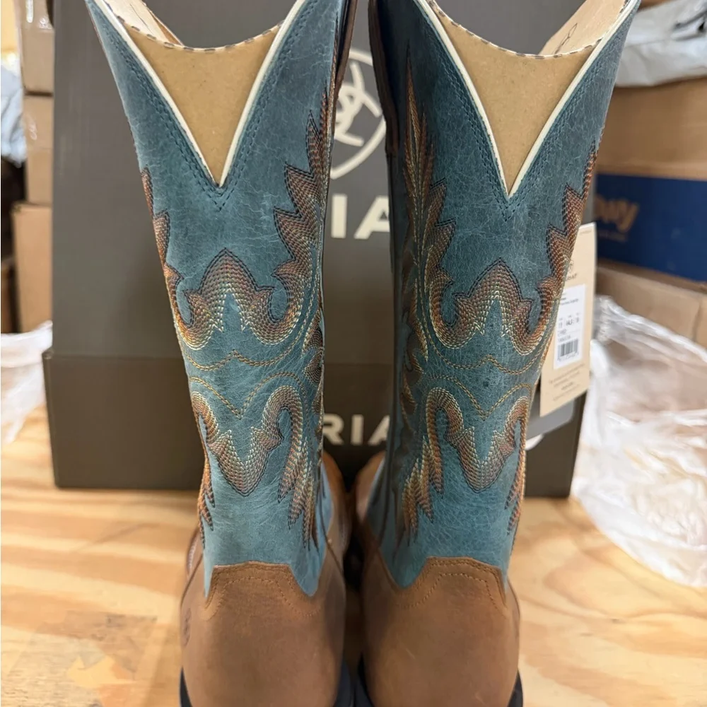 Ariat Men's Brown Leather Western Boots with Blue Embroidered Shaft - Picture 3 of 8